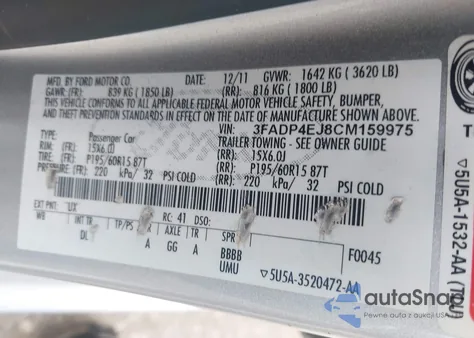 2012 Ford Fiesta Se из США, поврежденный, VIN 3FADP4EJ8CM159975